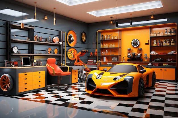 Zdjęcie racing game room boys z ustawieniem symulatora i półką garażową trending background room decorative