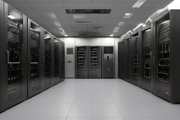 Racks serwerów w sieci komputerowej zabezpieczenia serwerów pomieszczenia centrum danych d rendering ar c v