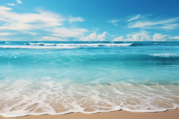 Zdjęcie radiant day by the azure shoreline generatywny obraz sztucznej inteligencji plaży z krystalicznie czystą niebieską wodą