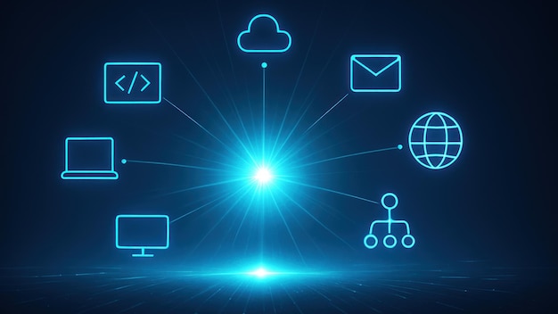 Radiant light source surrounded by minimalistic api icons with glowing lines connecting them application programming interface api api programming