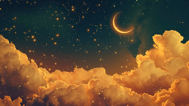 Radiant Ramadan Kareem Tło ozdobione gwiazdami półksiężyca i świecącymi chmurami oświetlające ducha świętego miesiąca