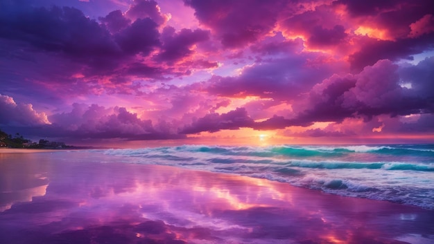 Radiant Serenity Urzekający morski zachód słońca ze świecącymi fioletowymi chmurami i tęczowym odbiciem