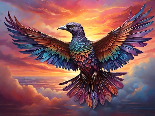 Radiant Twilight Flight Majestic Bird's Iridescent Plumage in the Sunset's Embrace