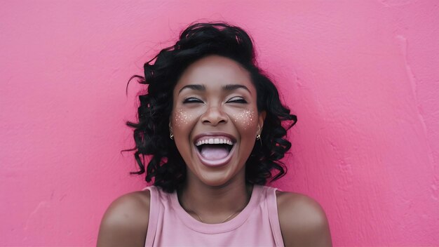 Radość afroamerykańska kobieta z ciemną skórą śmieje się szczęśliwie otwiera usta szeroko ma błyszcze na