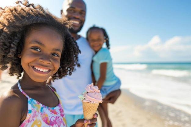 Radość afroamerykańskiej rodziny, która na plaży cieszy się słońcem i lodami
