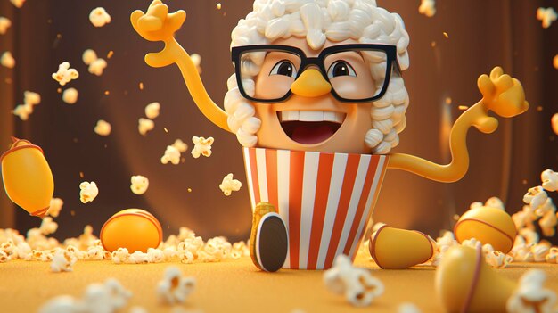 Radość animowana postać skacząca z wybuchem popcornu na ciepłym tle
