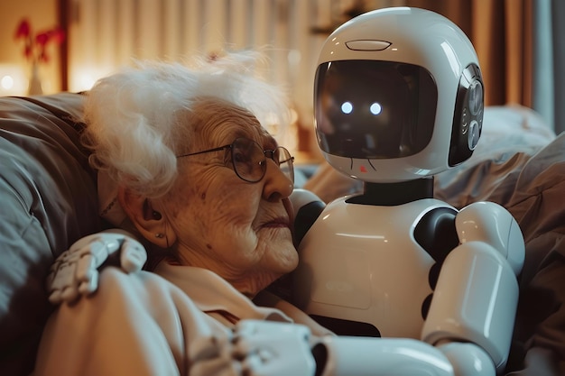 Radość i więź Starsza kobieta i jej robot wspólnie przeżywają chwilę szczęścia