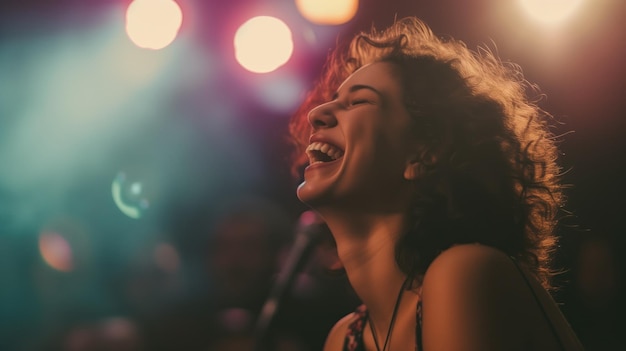 Radość kobiety śpiewającej na scenie z światłami