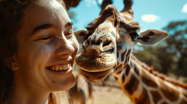 Radość w interakcji z żyrafą w słonecznym parku safari szczere chwile w dzikiej przyrodzie spotykają szczęście i naturę połączone AI