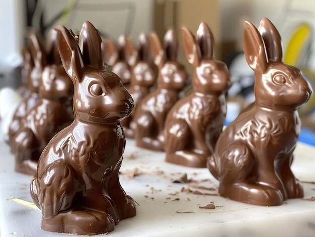 Radość wielkanocnego ranka Ręcznie wykonane czekoladowe króliki ustawione w kolejce na uroczystość