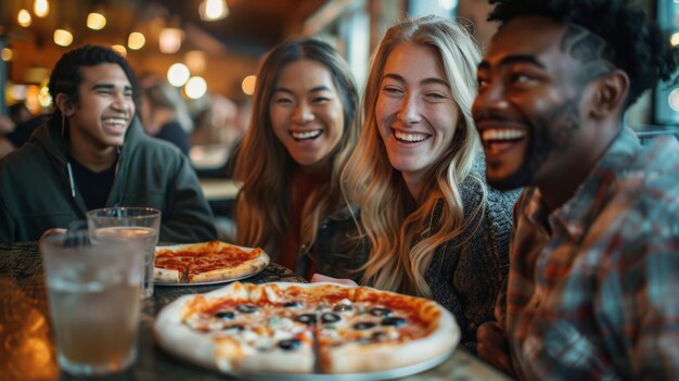 Radościowa różnorodna grupa ciesząca się pizzą Generatywna sztuczna inteligencja