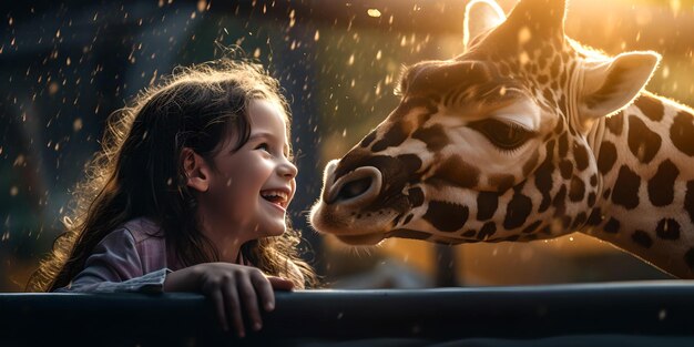 Radosna dziewczyna wchodząca w interakcję z żyrafą o zmierzchu to chwila zachwytu i szczęścia uchwycona magicznym spotkaniem AI