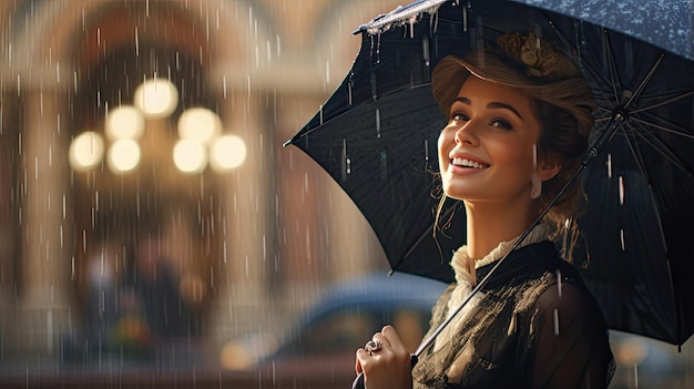 radosna kobieta stojąca na zewnątrz w deszczowy dzień trzymająca kolorowy parasol jej szczery uśmiech