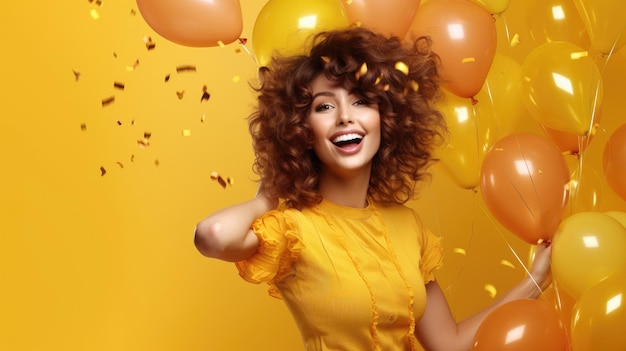 Radosna kobieta świętuje swoje urodziny otoczona żywymi balonami promieniującymi szczęściem na wesołym żółtym tle generatywnej sztucznej inteligencji
