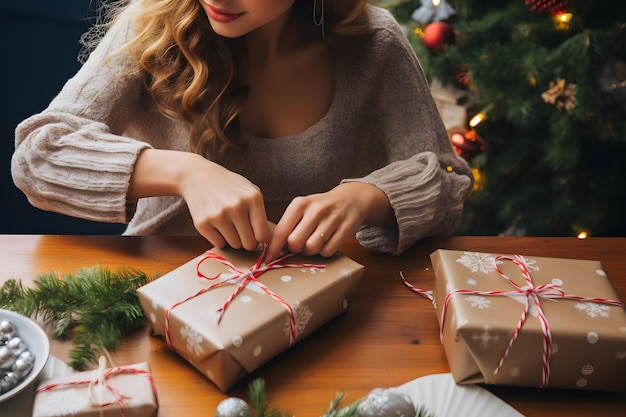 Radosna kobieta zaangażowana w świąteczne pakowanie prezentów z choinką