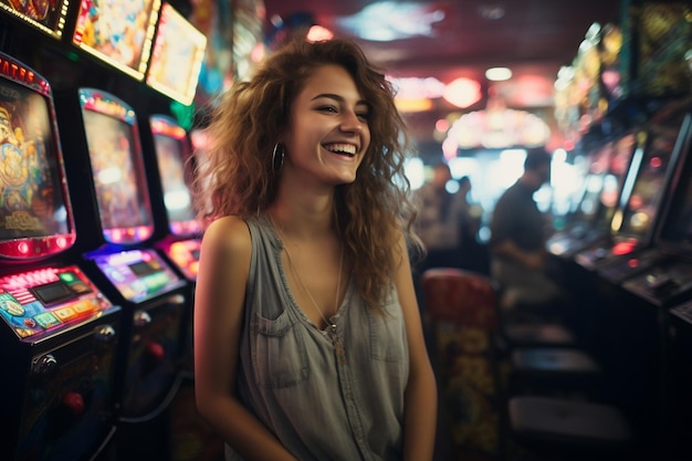 Radosna młoda kobieta uśmiecha się obok automatów Generative Ai