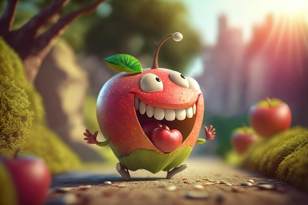 Radosna postać jabłka śmiejąca się w tle świata fantasy Utworzono Generativa ai