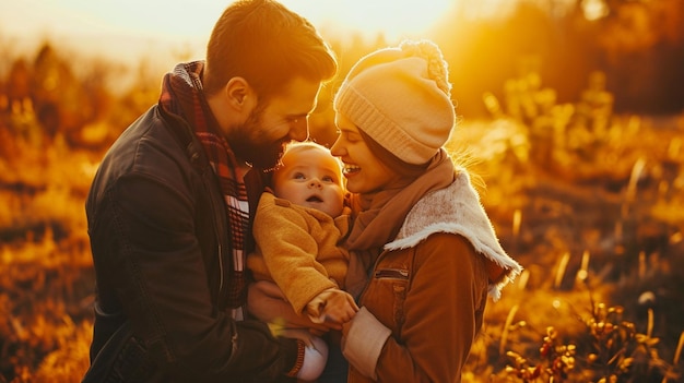 Radosna rodzina, rodzice z małym dzieckiem, cieszący się zachodem słońca.