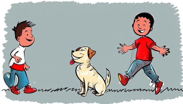Radosna więź HandDrawn ilustracja kreskówka dziecka i psa zabawy razem z prostym