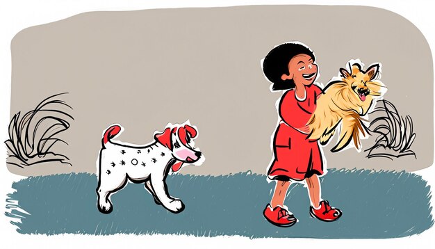 Radosna więź HandDrawn ilustracja kreskówka dziecka i psa zabawy razem z prostym
