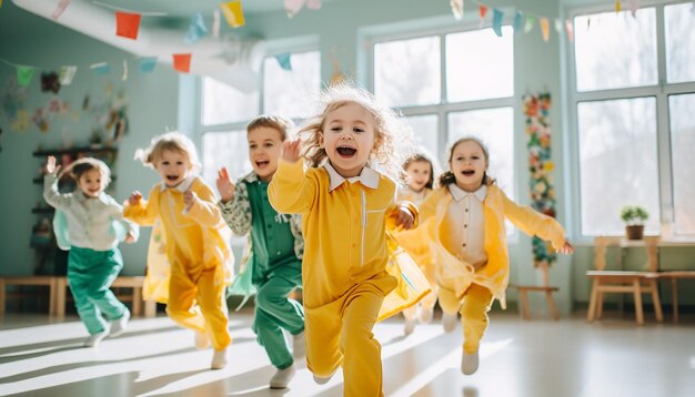 Zdjęcie radosne dzieci bawią się w fotografii przedszkolnej kolorowe i minimalne tło przedszkolne