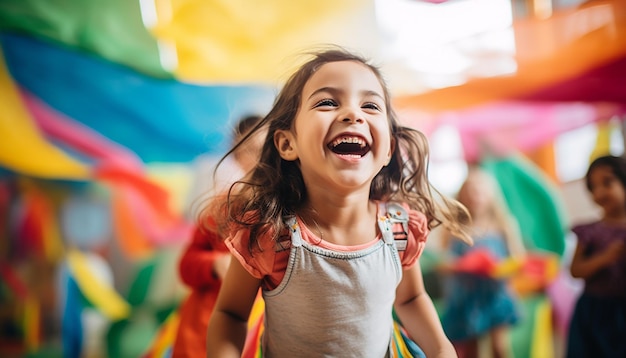 Radosne dzieci bawią się w fotografii przedszkolnej Kolorowe i minimalne tło przedszkolne