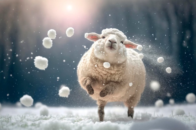Radosne i słodkie owce bawiące się w śniegu podczas mroźnej zimy