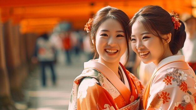 Radosne japońskie kobiety noszące kimona w świątyni Fushimi Inari w Kioto w Japonii