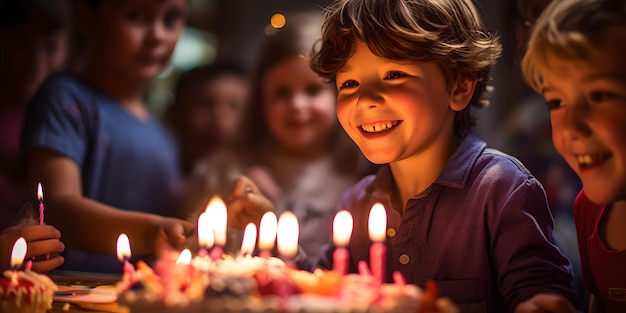 Radosne przyjęcie urodzinowe z dziećmi zbierającymi się wokół ciasta z zapalonymi świecami, ciepłe świętowanie w pomieszczeniu, szczęśliwe chwile z dzieciństwa uchwycone przez sztuczną inteligencję