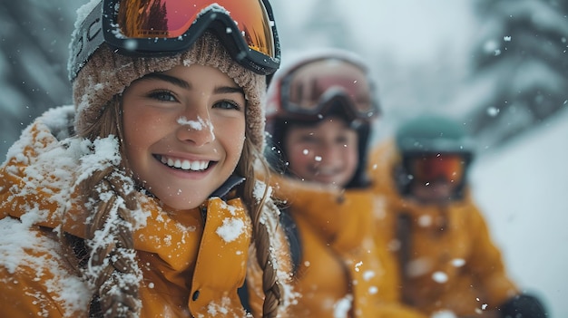 Radosni entuzjaści narciarstwa w żywym rynsztunku cieszą się zimowymi emocjami w śnieżny dzień uchwyconymi w jednej chwili przez sztuczną inteligencję
