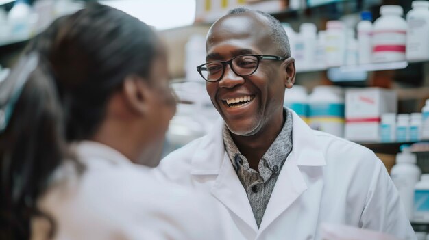 Zdjęcie radośni farmaceuci rozmawiają w aptece