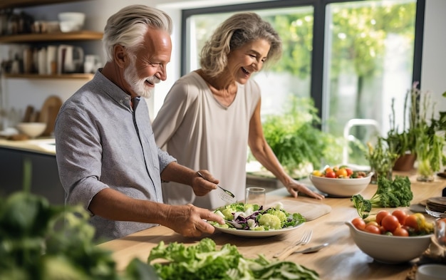 Radośni seniorzy gotujący wegańskie jedzenie w domu Generative Ai