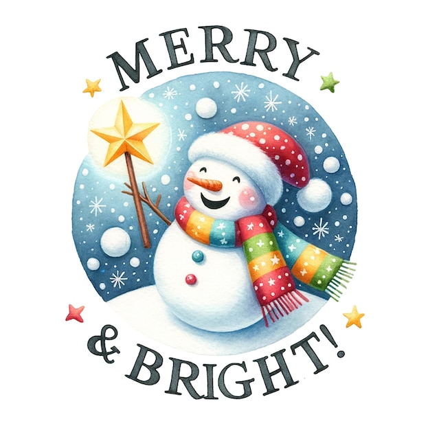 Radosny bałwan owinięty kolorowym szalikiem trzyma złotą gwiazdę i niebieskie śnieżne tło Merry Bright