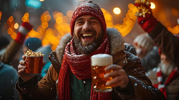 Radosny mężczyzna świętujący zimowy festiwal z kuflem piwa wznoszący toast na dobre w wesołej atmosferze, sezonowe uroczystości uchwyciły sztuczną inteligencję