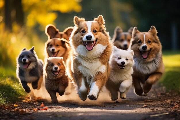 Radosny moment uchwycony Urocze szczenięta bawią się ze swoimi dumnymi psami-rodzicami w tętniącym życiem parku