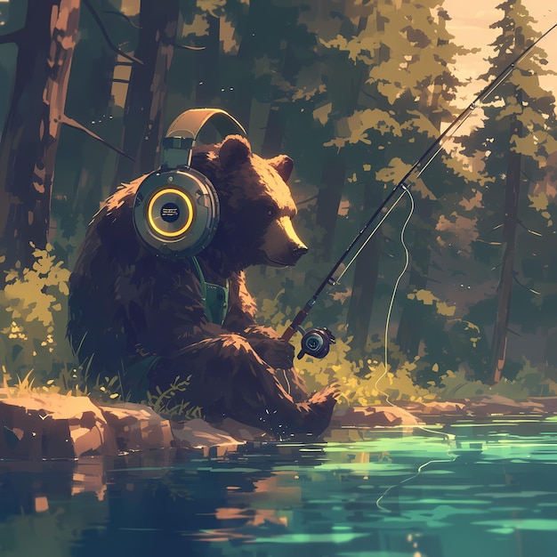Radośny niedźwiedź słucha muzyki