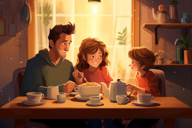 Radosny początek dnia Szczęśliwa rodzina spotyka się na śniadaniu w swojej kuchni