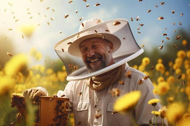 Zdjęcie radosny pszczelarz ubrany w kombinezon ochronny promieniuje szczęściem generacyjna sztuczna inteligencja