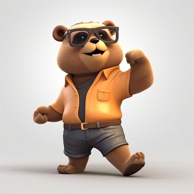 Zdjęcie radosny stylowy niedźwiedź 3d z pełnym ubraniem i okularami przeciwsłonecznymi na tle generative ai