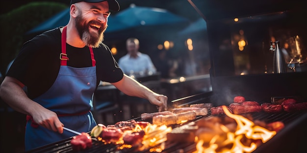 Radosny szef kuchni grilluje mięso podczas tętniącej życiem imprezy plenerowej. Płomienie poprawiają atmosferę. Wiedza kulinarna uchwycona idealnie do treści związanych z jedzeniem i stylem życia. AI