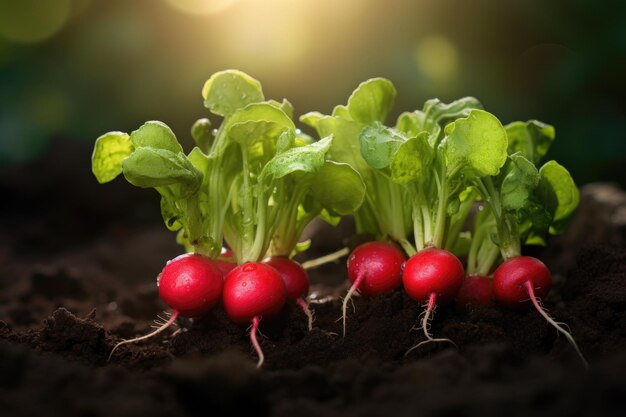 Zdjęcie radyka rośnie w ogrodzie warzywnym w słoneczny dzień koncepcja uprawy zbiorów