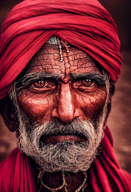 Radżastański staruszek w tradycyjnym stroju i pagri pozuje przed kamerą. Wiek plemienny Indii