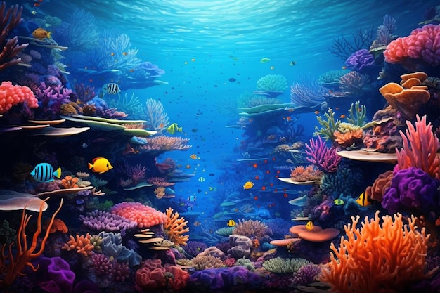 Rafa koralowa z dużą żółtą rybą i koralowcami.