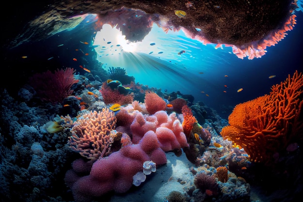 Rafa koralowa z mnóstwem różnych kolorowych koralowców generatywnych ai