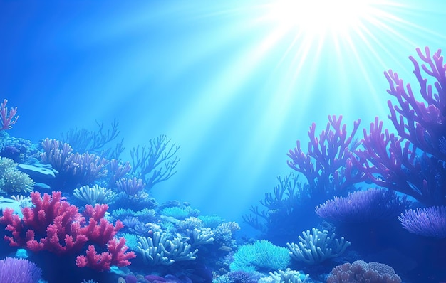 rafa koralowa z rybami, błękitne morze, podwodna scena z rafą