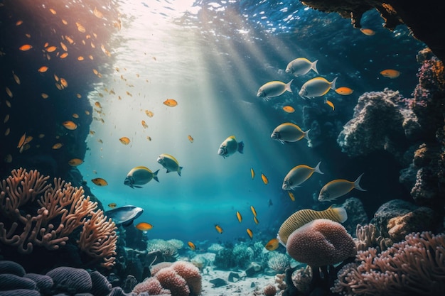 Rafa koralowa z wieloma rybami pływającymi pod wodą Ilustracja AI Generative