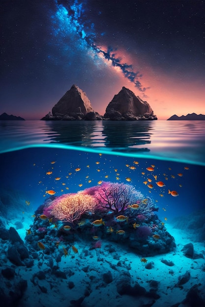 Rafa koralowa z wypełnionym gwiazdami niebem w tle generatywnego ai