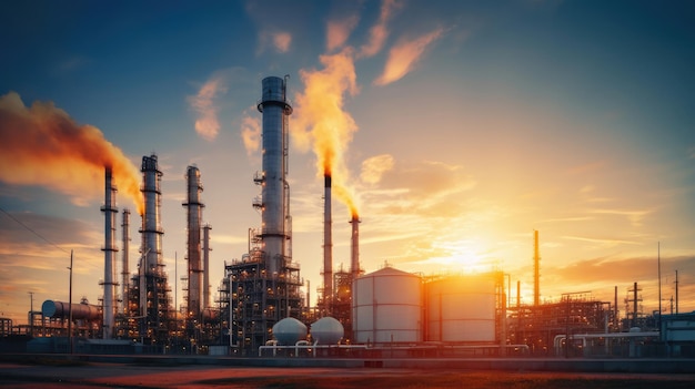 Rafineria naftowa i roślina oraz kolumna wieża przemysłu petrochemicznego w przemyśle naftowym i gazowym z chmurami pomarańczowym niebem na tle wschodu słońca Generatywna sztuczna inteligencja