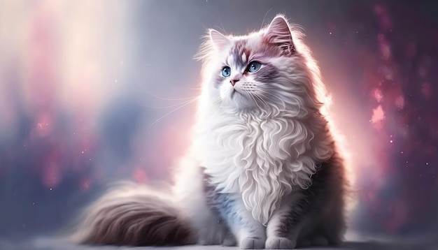 Ragamuffin Cat Medium Shot Biały Różowy Niebieski Magiczny Fantasy Bokeh Generacyjna sztuczna inteligencja