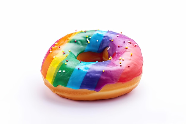 Rainbow Colored Glazed Donut na białym tle AI generatywne